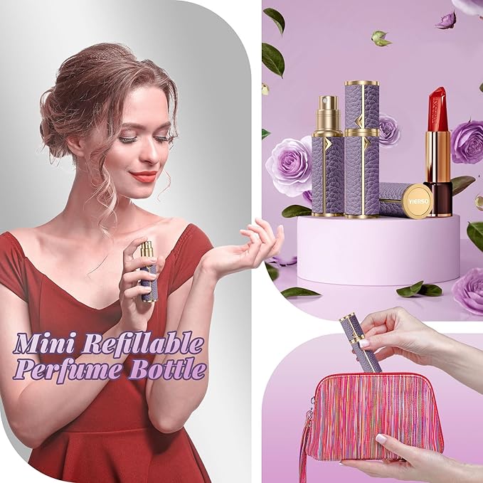 Perfume Travel Refillable Bottle,Genuine Leather Bottom-Filling Fragrances Perfume Atomizer,Mini Cologne Dispenser,Portable Sprayer Pocket Size for Cruise Car Trip Purse Gift 5ml (Purple)