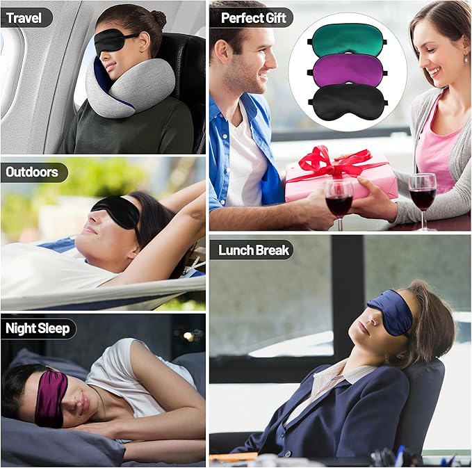 Sleep Mask, Silk Eye Mask for Sleeping with Adjustable Strap, Blindfold Eyeshade for Men & Women, Comfortable & Soft Eye Cover Eyeshade for Night Sleep (Black, Green, Purple)
