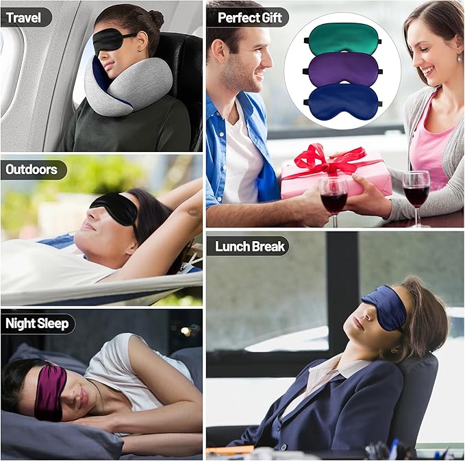 Sleep Mask, Silk Eye Mask for Sleeping with Adjustable Strap, Satin Blackout Sleeping Eye Mask for Men&Women, Comfortable Blindfold Eyeshade for Night Sleep (Blue,Green,Purple)