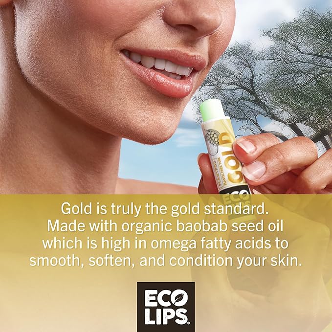Eco Lips GOLD Organic Lip Balm with Baobab Oil - Soothe and Moisturize Dry, Cracked and Chapped Lips - 100% Plastic-Free Plant Pod Packaging (6 Tubes)