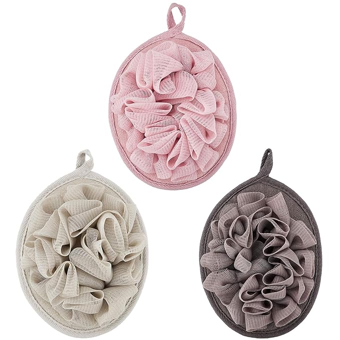 Boao 3 Pcs Bath Shower Pouf Sponge Mesh Pouf Shower Ball Exfoliating Body Sponge Pad Scrubber Glove with Flower Bath Ball (Khaki,Dark Brown,Dark Pink)