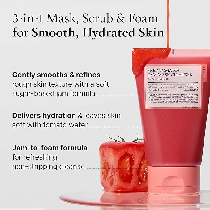 FULLY Red Tomato Jam Mask Cleanser, Gentle Exfoliation, Refines Skin Texture, Clear Pores, Hydration, Face Wash, Vegan, Rough & Sensitive Skin, Korean Skincare 4.05 fl.oz