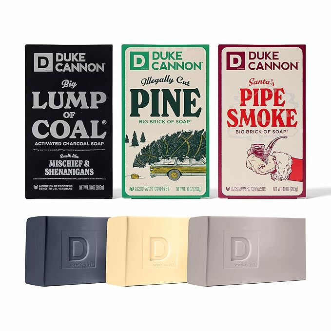 Duke Cannon Supply Co. Big Brick of Soap Bar For Men - Lump of Coal, Illegally Cut Pine & Peppermint Bark, Holiday Variety 3 Pack, 10 oz. Bar Soaps