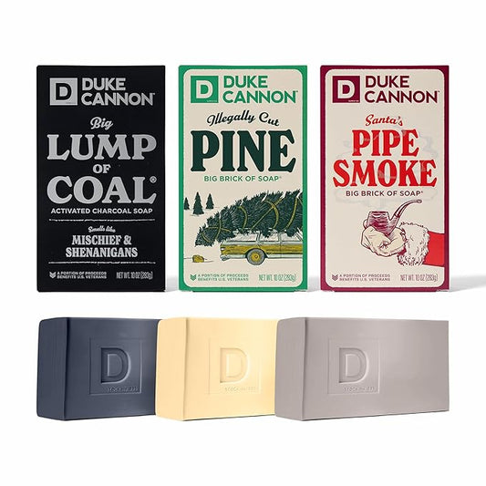 Duke Cannon Supply Co. Big Brick of Soap Bar For Men - Lump of Coal, Illegally Cut Pine & Peppermint Bark, Holiday Variety 3 Pack, 10 oz. Bar Soaps