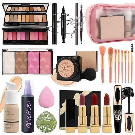 All In One Multipurpose Makeup Kit for Women,Travel Makeup Set,Makeup Gift Full Kit,Includes Foundation Eyeshadow Palette Lipstick Mascara Eyeliner Blusher Cosmetic Brush Set with Makeup Bag-Set B