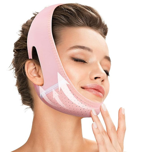 Reusable V Line Lifting Mask with Chin Strap for Sleeping,Face Lift Prevent Sagging, Jaw Exerciser,Pink,M