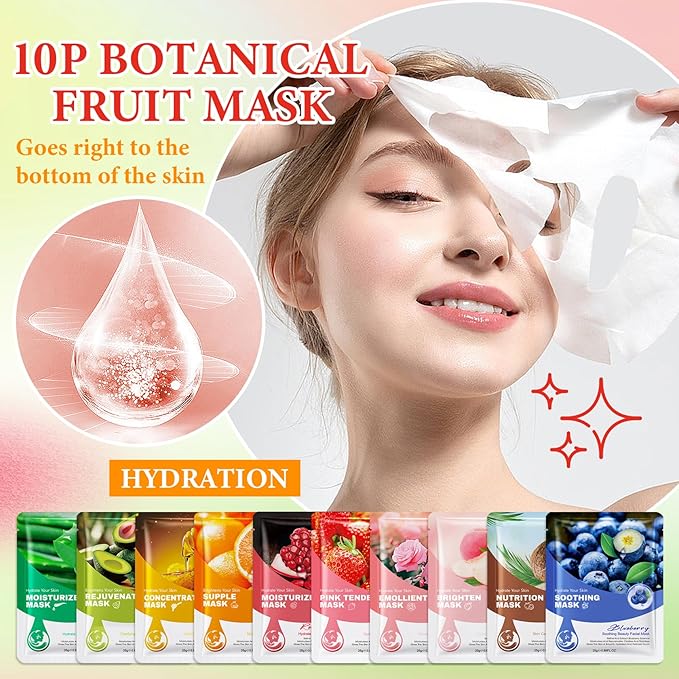 10 Pack Variety Facial Sheet Masks Skin Care Set, Hydrating Bulk Sheet Face Masks Skincare Gifts Set for Women Men, Long Lasting Moisturizing Face Mask Skincare for All Skin Type（C10)