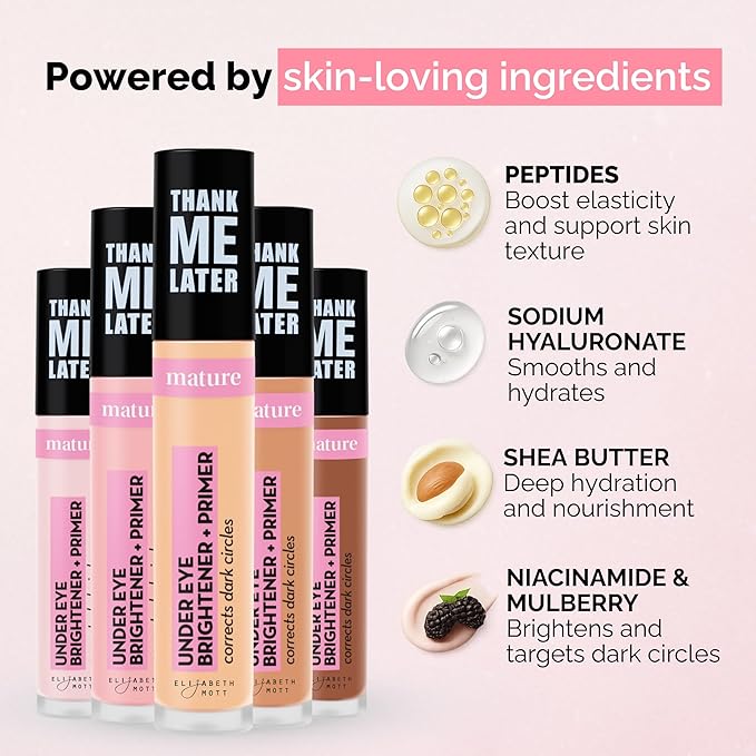 Elizabeth Mott Thank Me Later Under Eye Brightener & Primer – Hydrating Color Corrector for Dark Circles – Lightweight Concealer Base for Mature Skin, Medium Shade 5ml
