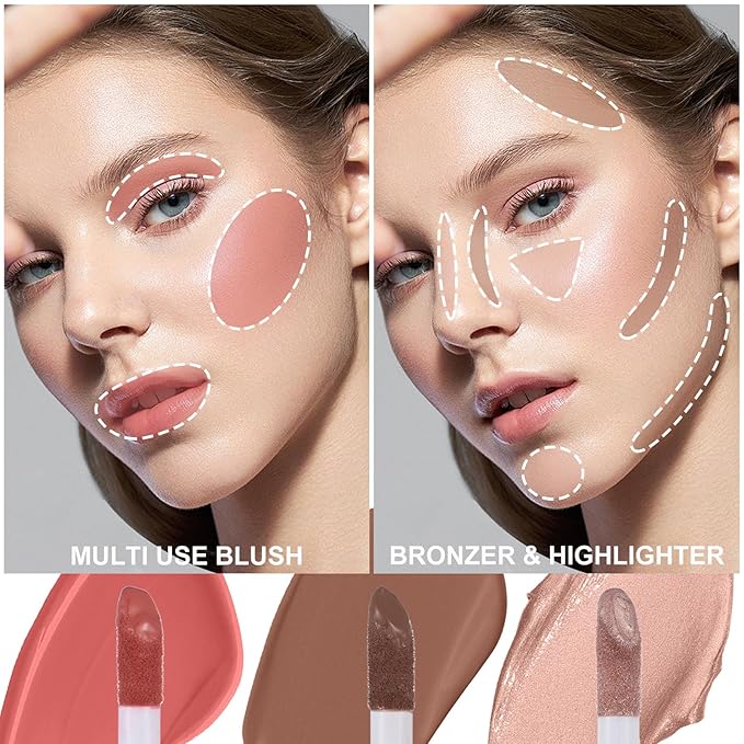 3Pcs Liquid Contour Makeup Trio with Bronzer Shade, Blush, Highlighter for Sculpted Makeup, Matte Finish Liquid Contour Set Easy to Create a Lightweight Look, Longwear Waterproof Formula (3, 9, 14)