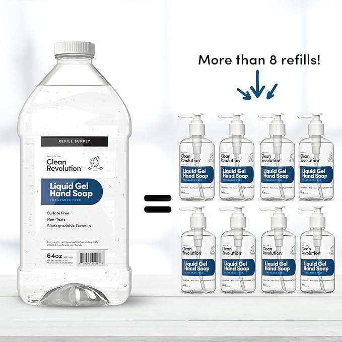 Clean Revolution Liquid Gel Hand Soap, Silky Rich Liquid, Quick Lather, Fast Rinsing (Fragrance Free) 64 Fl Oz