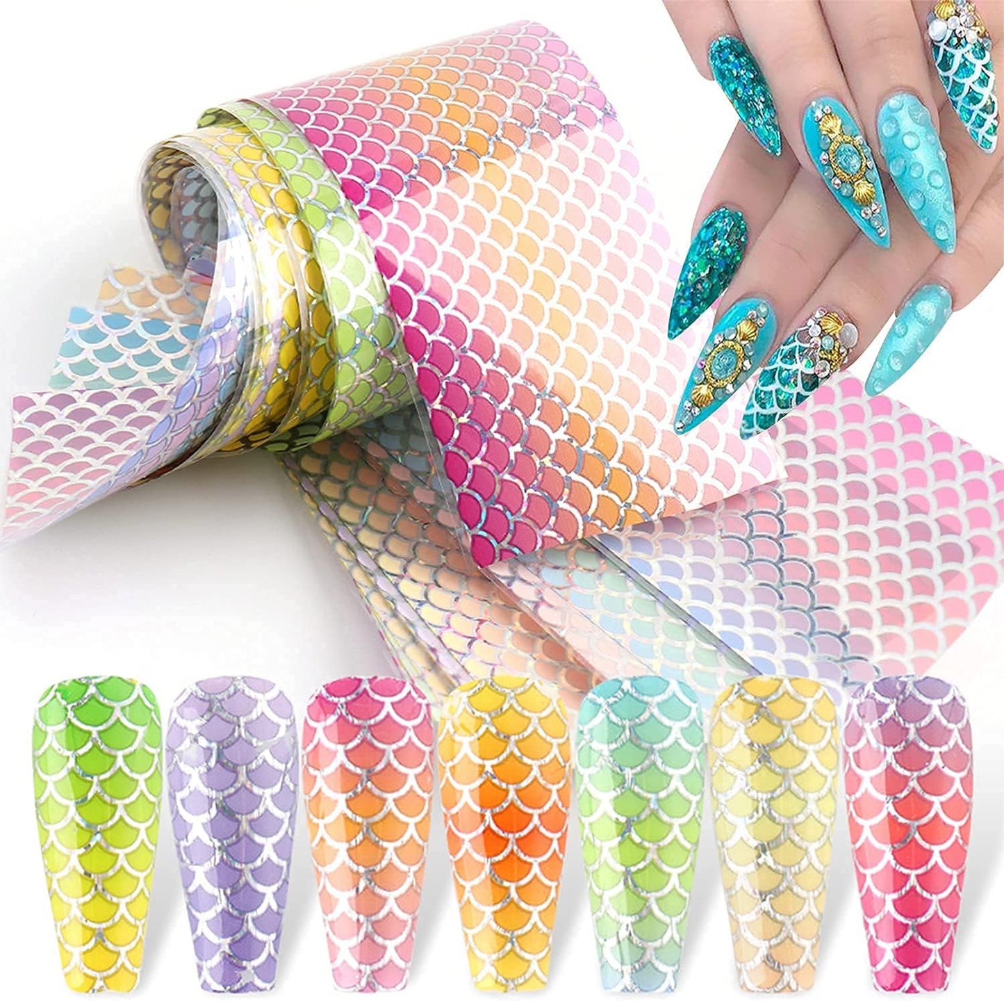 Mermaid Nail Transfers Foil Stickers, Holographic Iridescent Laser Mermaid Nail Art Stickers Decals Fish Scales Pattern Decoration for Women Girls Acrylic Nail Decor Supplies(10 Sheets)