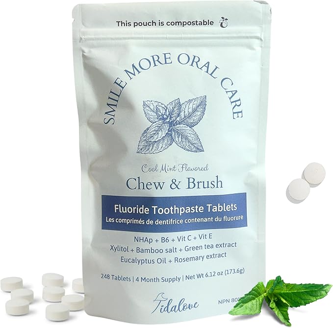 Fluoride Toothpaste Tablets with Nano Hydroxyapatite - Vegan, Enamel Strengthening, Zero Waste, Paper Refill, 248 Tablets, Cool Mint, 4 Month Supply, Travel-Friendly