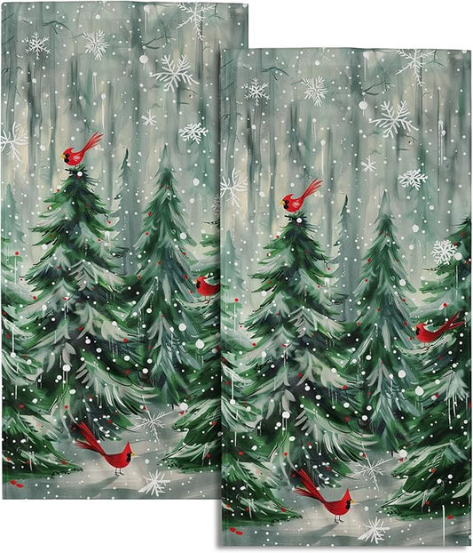 Giwawa Winter Pine Tree Hand Towels Set of 2 Red Bird Decorative Bath Towel Soft Highly Absorbent Kitchen Tea Dish Towels for Bathroom Spa Gym