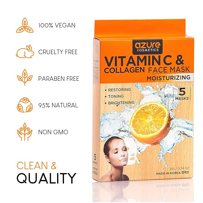 Azure Cosmetics Vitamin C & Collagen Face Mask - Dermatologist Tested, Anti Aging, Hydrating & Moisturizing Sheet Mask for Dry Skin - Firms, Tones & Smooths Fine Lines - Korean Skin Care - Pack of 5