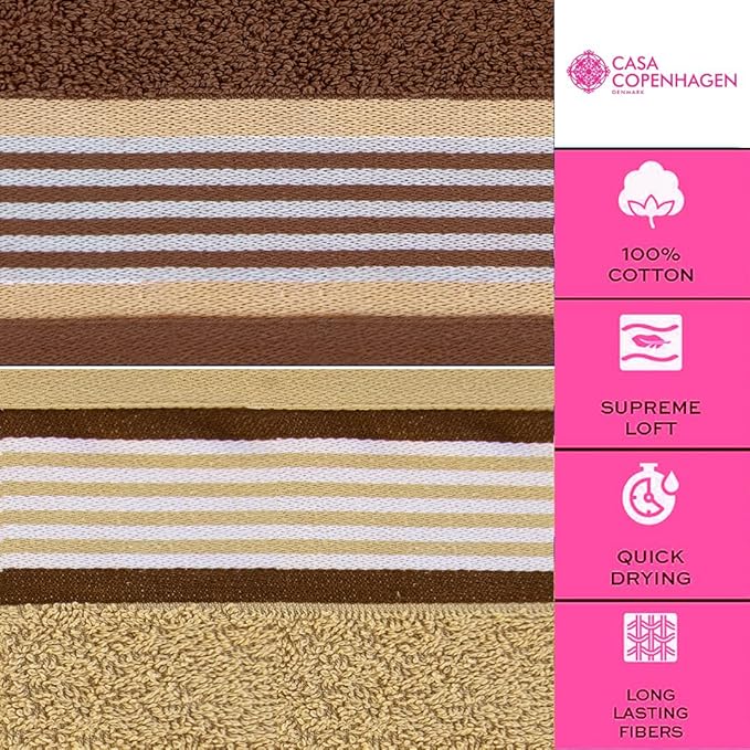 CASA COPENHAGEN He & She 4 Pieces Large Bath Towel Set- Brown + Beige, 550 GSM, Designed in Denmark Made of Soft Egyptian Cotton for Bathroom, Kitchen & Shower