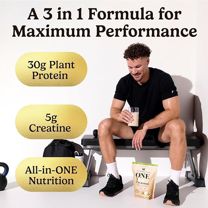 VitaHustle ONE Max Protein Powder, 30g Plant Protein + 5g Creatine, All-in-One Meal Replacement Shake with Greens, Adaptogens, Ashwagandha, Probiotics & Vitamins – Vanilla Ice Cream, 15 Servings