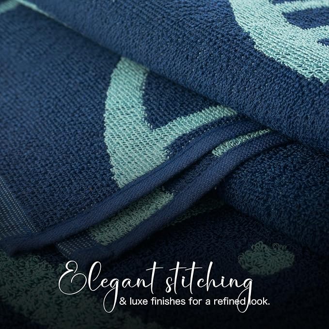 CASA COPENHAGEN Miami Bath Towels Designed in Denmark Rough and Tough, Quick Dry, for Pool, Bath & Shower 30"x60", 2 Pieces Cotton Beach Towels Set - Fish Navy + Turquoise Stripe
