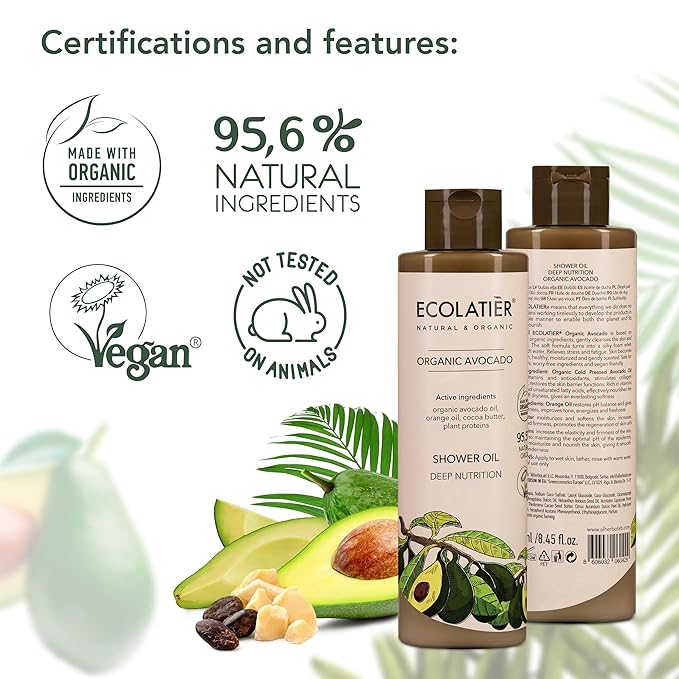 ECOLATIÈR Shower Oil – Organic Argan, Coconut, or Avocado Oil Options – Moisturizing & Nourishing Body Wash for Women, 95.5% Natural, Vegan, for Sensitive Skin - 8.5 Fl Oz (Avocado oil)