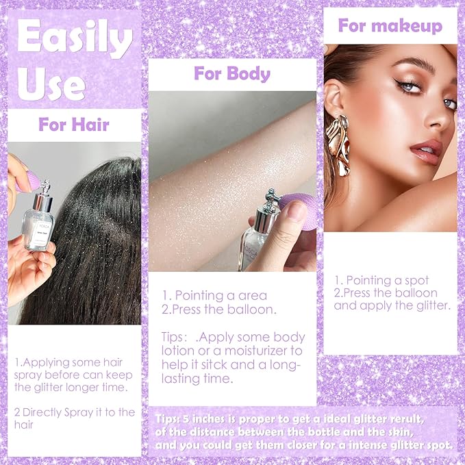 Yosca Highlighter Powder Spray, 20ML Cosmetic Grade Shimmer Powder Pink Glitter Spray Sparkle Highlighter Makeup Festival Concert Accessorise for Rave Clothes Hair Face Nail Art - Pinky Tulip