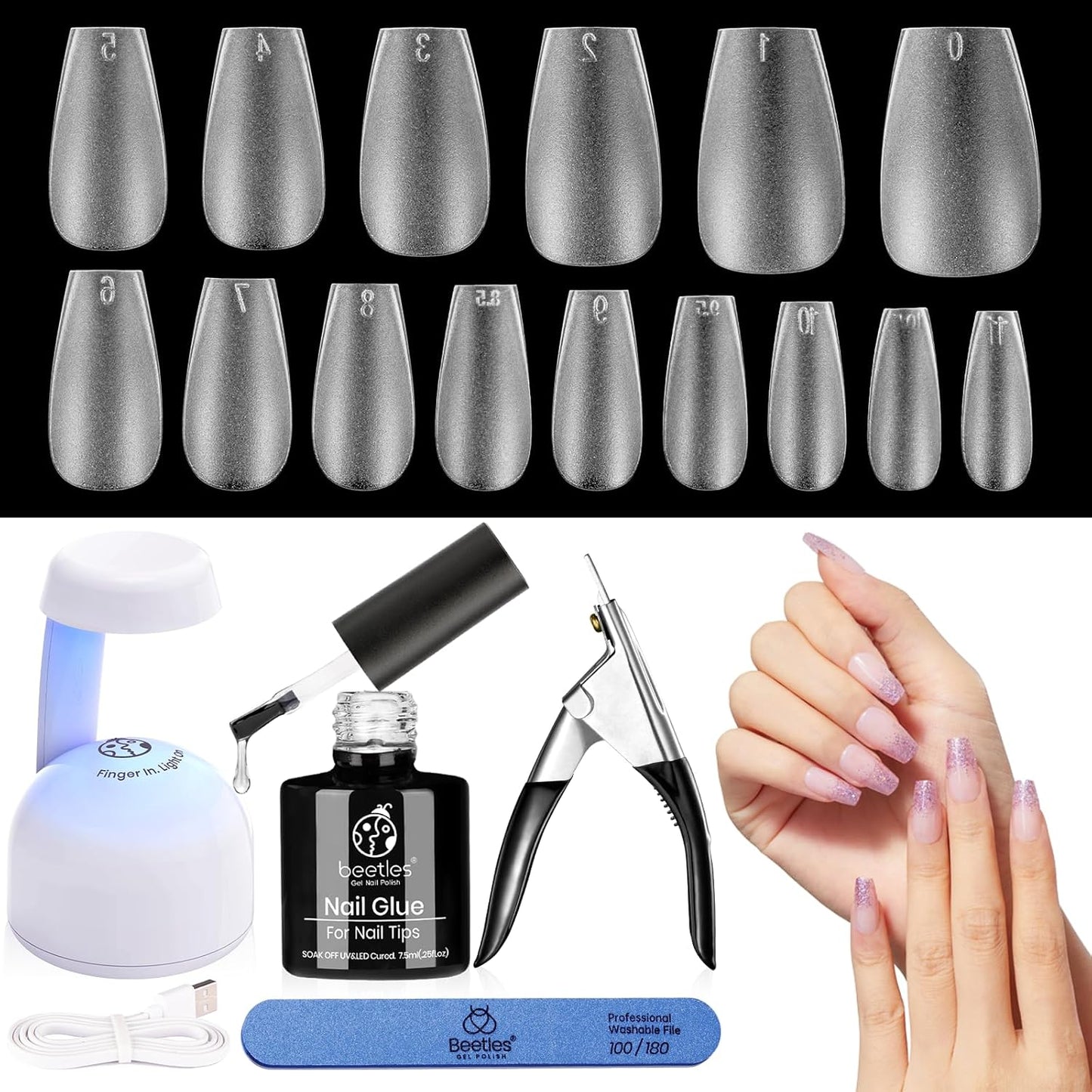 Beetles Gel Polish Nail Extension Kit,240 Pcs Pre Shaped Short Coffin Nail Tips Full Matte Gelly Tips&5 in 1 Nail Glue Base Coat Innovative Uv Led Lamp for DIY Easy Home Manicure Gift
