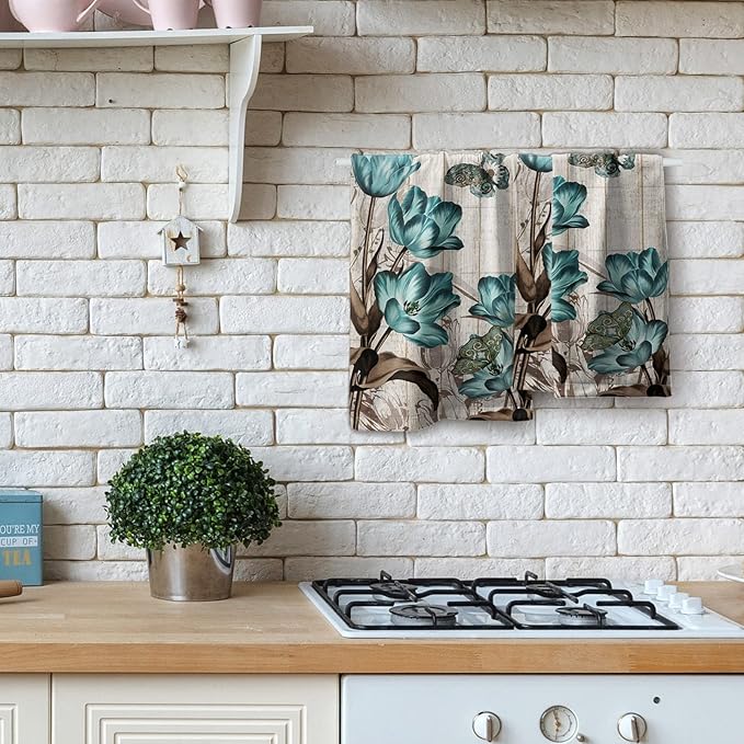 Giwawa Teal Tulip Hand Towels Set of 2 Spring Floral Soft Absorbent Decorative Bath Towel Kitchen Dish Guest Towel for Home Spa Yoga Sport