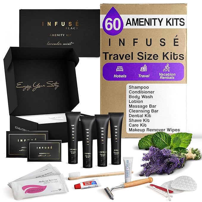Infuse Black Amenity & Accessory Kit | 1 oz Travel Size Shampoo, Conditioner, Lotion, Body Wash, Body Bar, 2 Cleansing Bar, Shave & Dental Sets, Make-Up Remover Wipes, & Vanity Kit | 60 sets per case