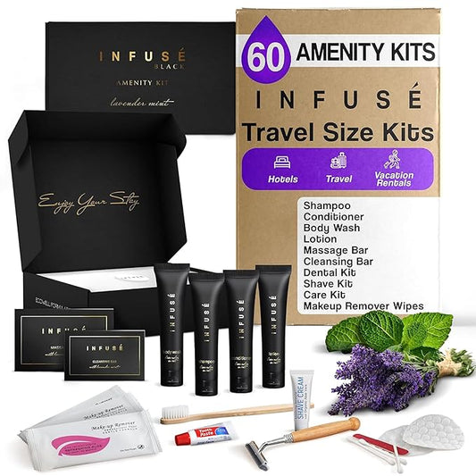 Infuse Black Amenity & Accessory Kit | 1 oz Travel Size Shampoo, Conditioner, Lotion, Body Wash, Body Bar, 2 Cleansing Bar, Shave & Dental Sets, Make-Up Remover Wipes, & Vanity Kit | 60 sets per case