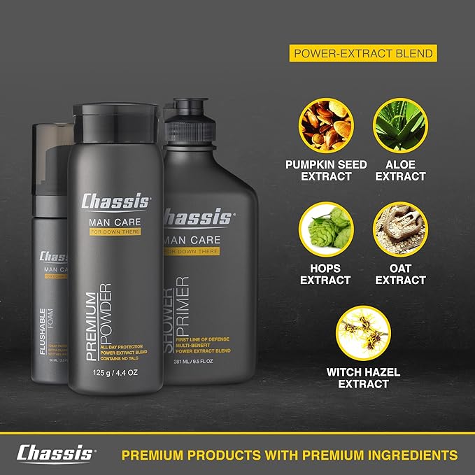 Chassis Gift Set with Flushable Foam, Premium Body Powder, and Shower Primer, Body Powder, Body Wash, and Flushable Wipe Alternative