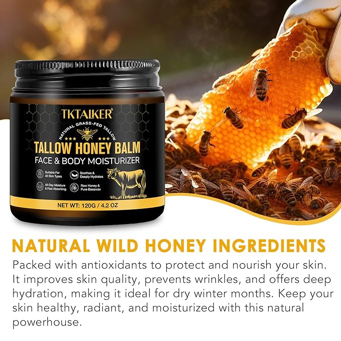 Beef Tallow for Skin, Beef Tallow for Face, Hydrating Tallow Balm with Raw Honey and Beeswax, Grass-Fed Beef Tallow & Raw Wild Honey Blend, Body & Face Moisturizer, Natural Formula, Light Scent