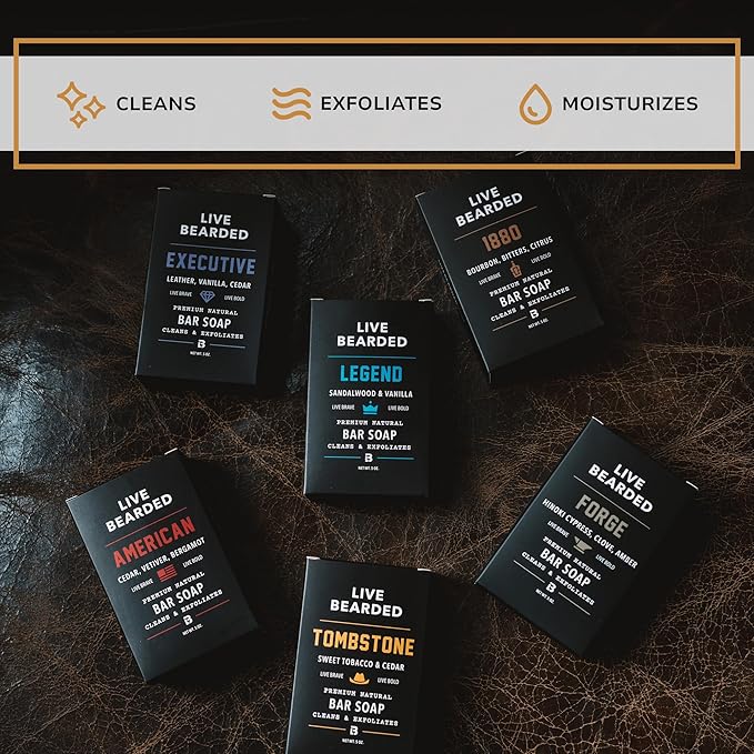 Live Bearded All-Natural Bar Soap for Men, 6-Pack of 5 oz - Made in the USA - Exfoliates and Moisturizes - Charcoal, Pumice, Shea Butter | Executive Scent - Cedar, Vanilla