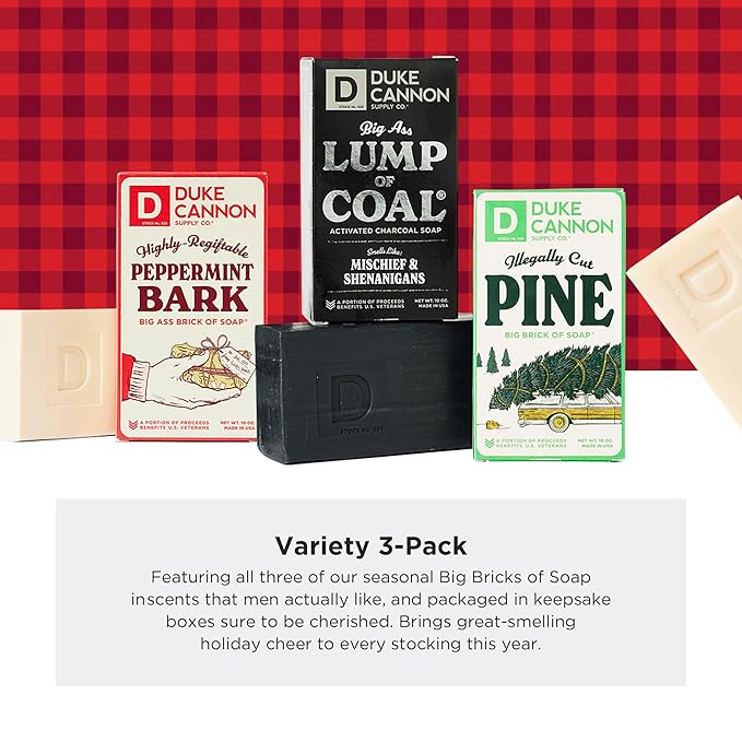 Duke Cannon Supply Co. Big Brick of Soap Bar For Men - Lump of Coal, Illegally Cut Pine & Peppermint Bark, Holiday Variety 3 Pack, 10 oz. Bar Soaps