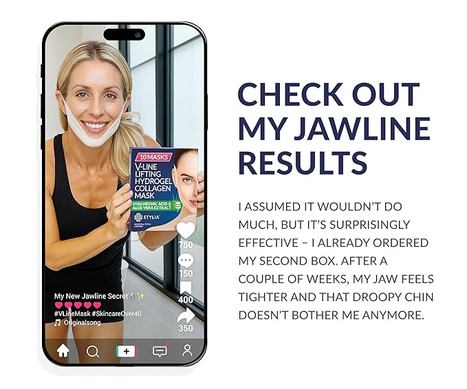 Stylia V Line Lifting Collagen Face Mask - Lift, Firm & Contour Jawline - Double Chin Strap with Hyaluronic Acid & Aloe Vera - Hydrating Neck & Face Tightening Mask - Chin Strap for Sleeping - 2PC