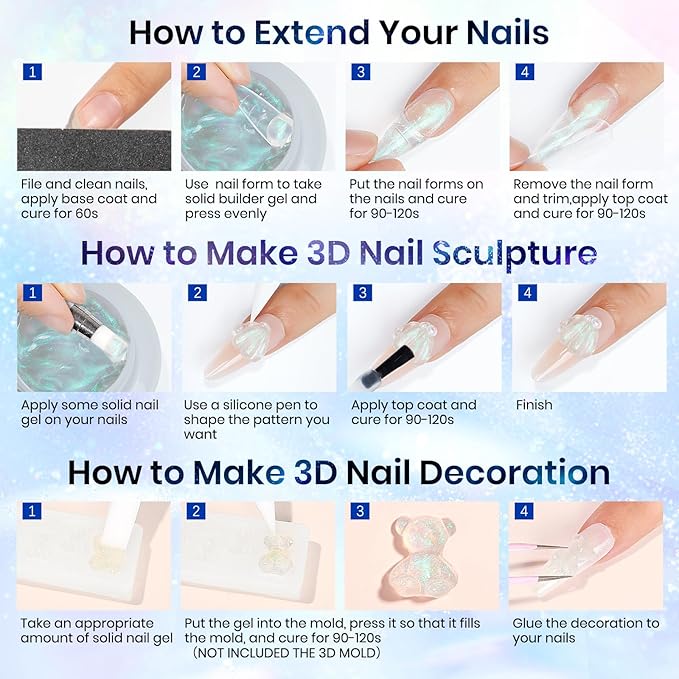 MIZHSE 2PCS Solid Builder Gel for Nails Kit: 30g/1oz Clear & Aurora Hard Gel for Nail with Nail Forms 3D Mold Soak off U V Builder Extension Gels for Women