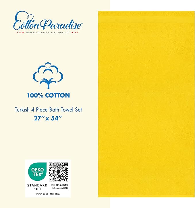 Cotton Paradise 4 Piece Turkish Bath Towels for Bathroom, 100% Cotton Extra Large Soft Plush Towels Bathroom Set, Yellow