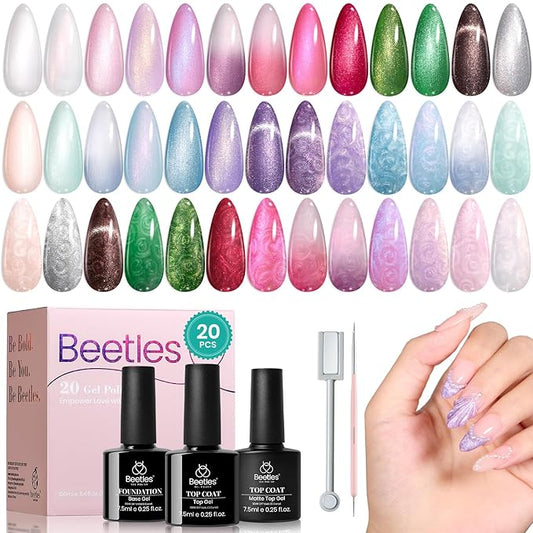 Beetles Pearl Gel Nail Polish Set - Ocean Treasures Gel Polish, 20 Colors Glitter Cat Eye Pink Red Mermaid Swirl Thread Effect Soak off Nail Gel for DIY Manicure Gift for Women