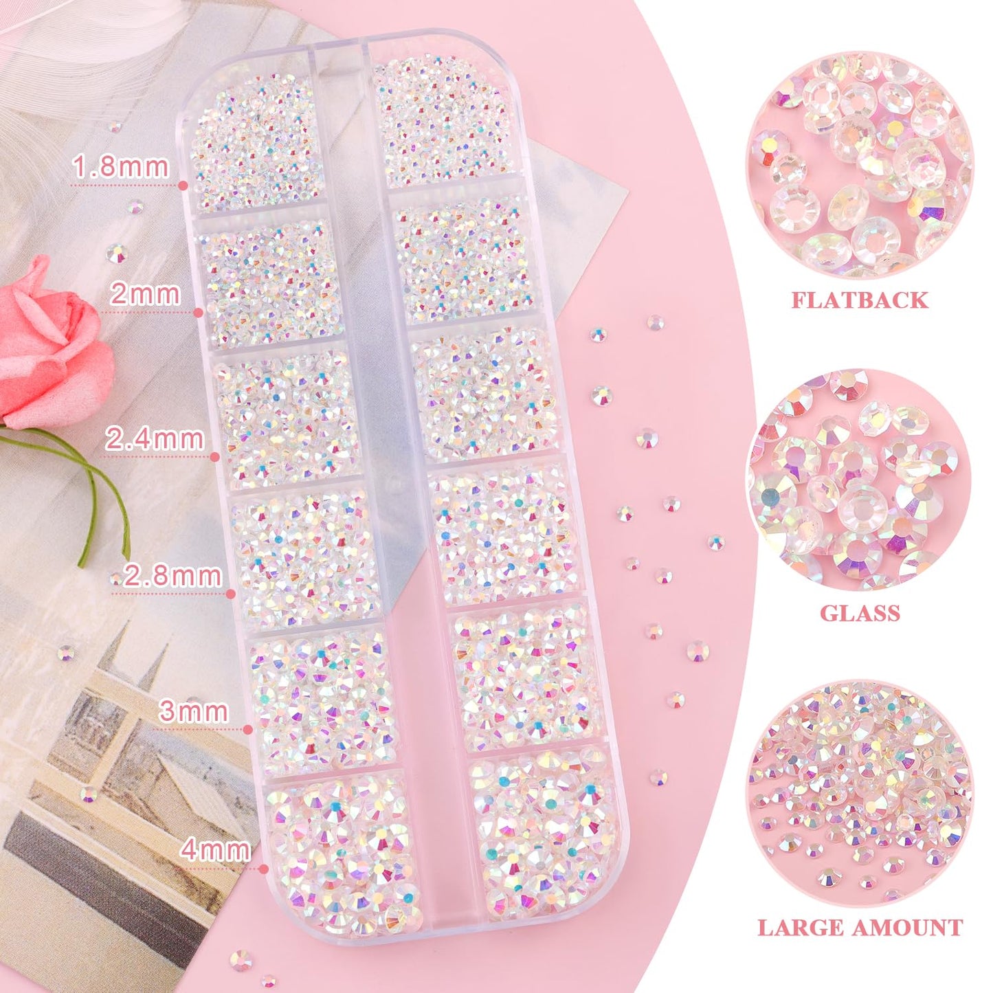 3600pcs Glass Transparent AB Nail Rhinestones 6 Sizes(1.8/2/2.4/2.8/3/4mm) Flatback Crystal Nail Charms Jewels Decoration for Nail Art and Crafting, Tweezer and Pickup Pen included