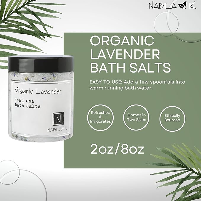 Organic Lavender Bath Salts by Nabila K - Dead Sea Salt & Epsom Salt Scrub & Soak - Exfoliates & Hydrates Skin, Botanical Essential Oils - Bubble Bath Accessories for All Skins Types, 8 oz
