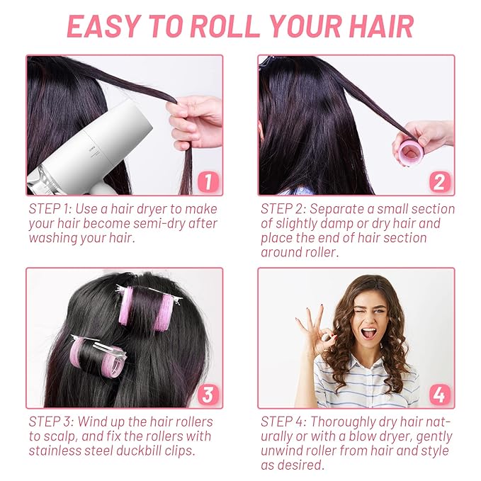 Big Self-Grip Hair Rollers with Stainless Steel Duckbill Clips for Long, Medium Hair and Volume