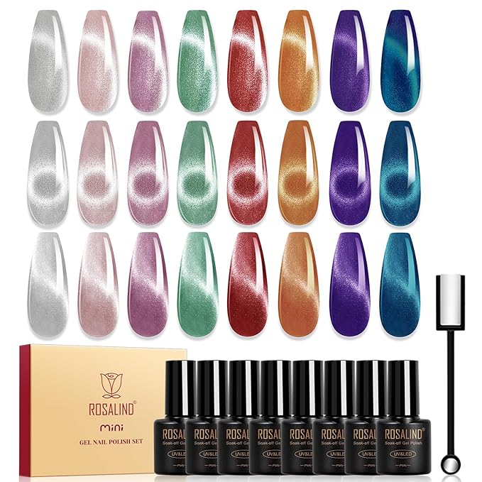 ROSALIND 8PCS Cat Eye Gel Polish with Magnet Stick - Magnetic Cat eye Gel Nail Polish Sparkle Diamond Effect Magic Magnetic Glitter Soak Off Led Nail Art DIY Salon Gifts For Women