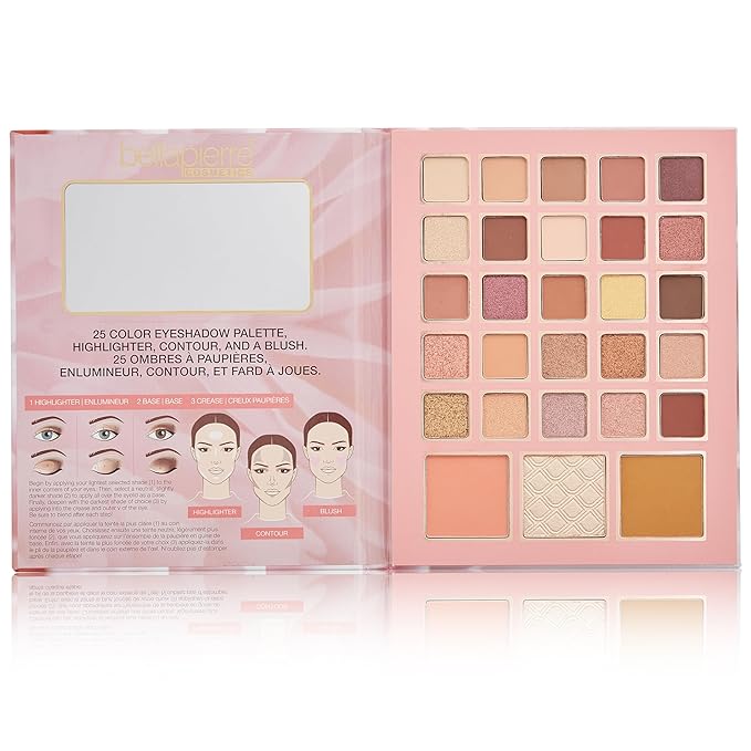 Bellapierre Satin Rose Face & Eye Book Palette | 25 Eyeshadow Shades with Blush, Bronzer, & Highlighter | Non-Toxic & Paraben Free | Vegan & Cruelty-Free