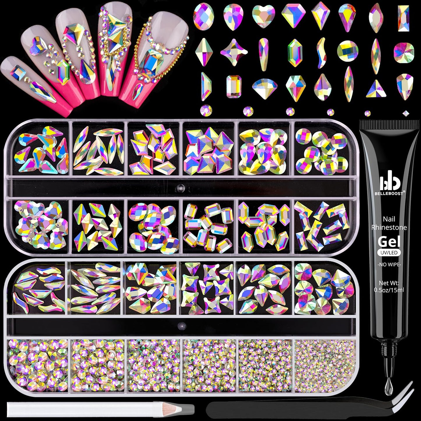 1680Pcs AB Glass Nail Rhinestones 180Pcs Multi Shapes Flatback Nail Gems + 1500Pcs 1.5-4mm Round Crystal with Rhinestones Glue Gel, Manicure Nail Charms Diamond Gemstones for Nail Art
