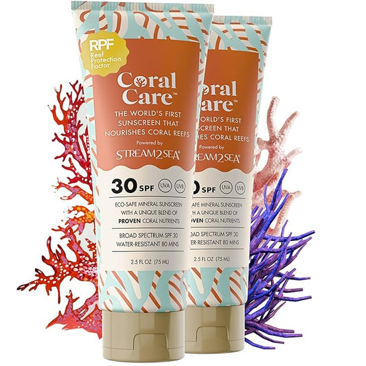 Stream2Sea Coral Care - Reef Safer Sunscreen SPF 30 Travel Size - First Reef-Approved Natural Mineral Sun block Boosts Coral Growth Water resistant- Non-Toxic, Biodegradable, Eco-Friendly - 2 Pack