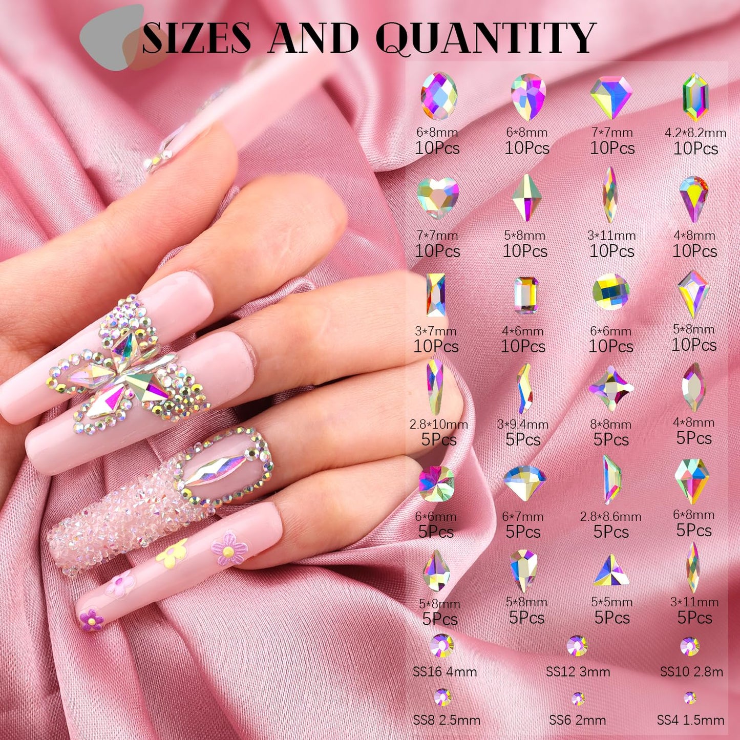 1680Pcs AB Glass Nail Rhinestones 180Pcs Multi Shapes Flatback Nail Gems + 1500Pcs 1.5-4mm Round Crystal with Rhinestones Glue Gel, Manicure Nail Charms Diamond Gemstones for Nail Art