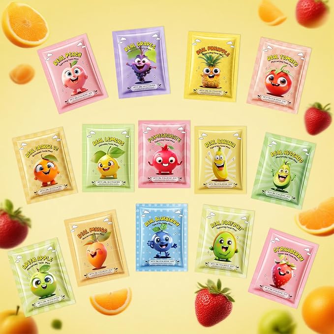 Erinde 28 Pack Fruit Face Masks Skincare for Kids, Sheet Hydrating Facial Mask for All Skin Types, Bulk Face Mask for Women Skin Care, Spa Birthday Party Gifts for Teens Girls