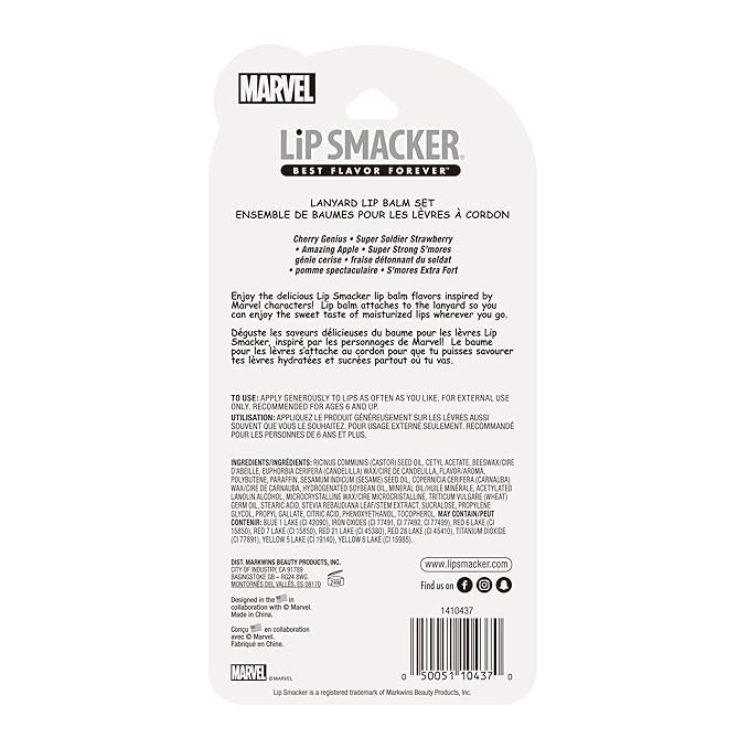 Lip Smacker Marvel, 4 piece lanyard set, lip balm for kids - Iron Man, Captain America, Spider Man, Hulk