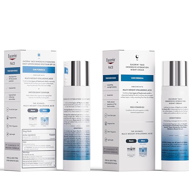 Eucerin Face Immersive Hydration Skin Care Set, Daily Face Lotion with SPF 30 (2.5 Fl Oz) + Night Cream with Hyaluronic Acid (2.5 Oz), Facial Moisturizer Improves the Look of Fine Lines and Wrinkles
