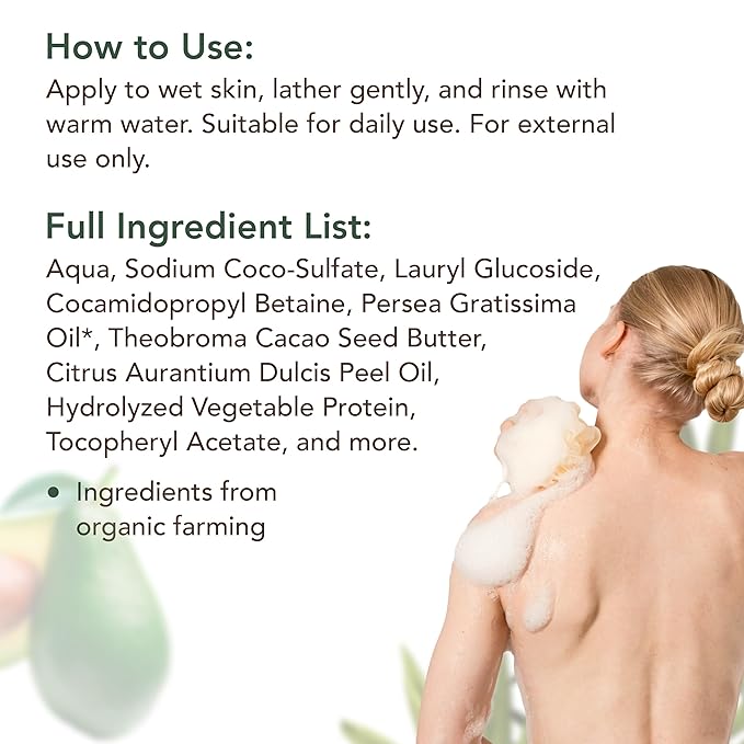 ECOLATIÈR Shower Oil – Organic Argan, Coconut, or Avocado Oil Options – Moisturizing & Nourishing Body Wash for Women, 95.5% Natural, Vegan, for Sensitive Skin - 8.5 Fl Oz (Avocado oil)