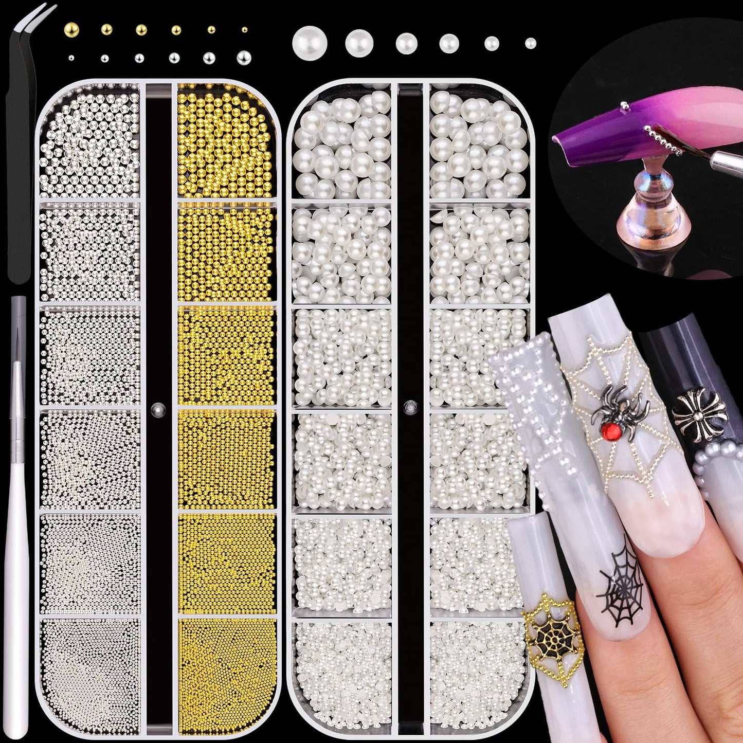 2 Boxes Flatback Pearls (White) and Metal Nail Beads (Silver+Gold) for Acrylic Nail Tips Manicure Decor