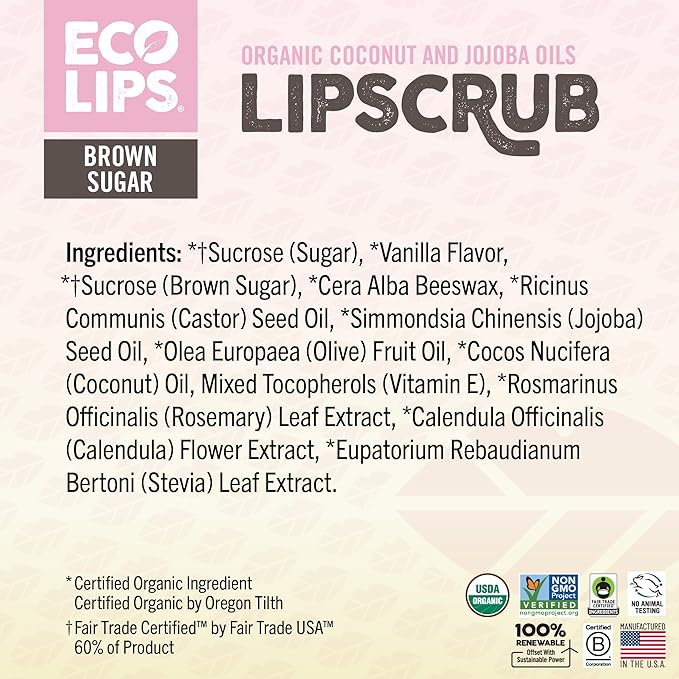Eco Lips LIP SUGAR SCRUB 2 Pack (2-0.5oz jars) 100% Organic Lip Care Treatment with Organic Sugar & Coconut Oil - Gently Exfoliate & Polish Dry, Flaky Lips, 100% Edible (Vanilla Bean & Brown Sugar)