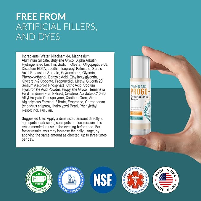 SANE MD PRO60+ DeepRadiance Renew™ Dark Spot Corrector for Face - Even Skin Tone, Radiance and Hydration - Skincare for Adults 60+, 15ml (1 bottle)